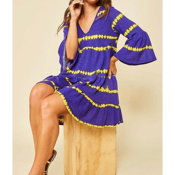 NWT Peach Love California Rayon Blend Purple Yellow Flared Sleeves Mini Dress - Picture 1 of 15